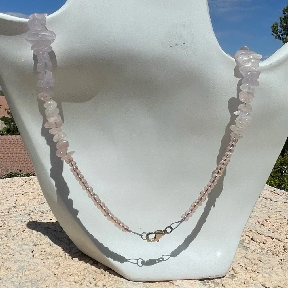 Rose Quartz & Glass Bead Necklace with Sterling Clasp